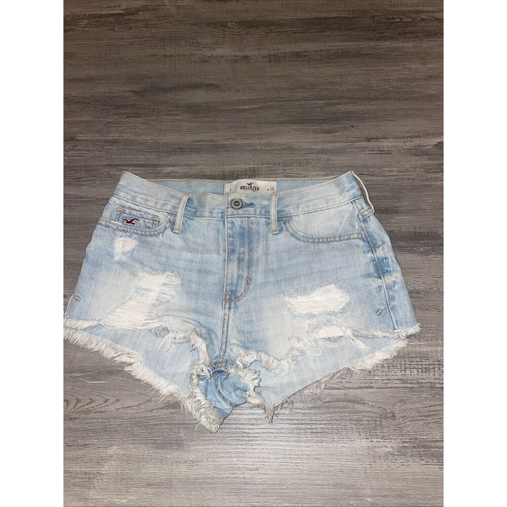 Hollister Womens Distressed Thrashed Denim Shorts Size 1 W25 Light Blue Wash